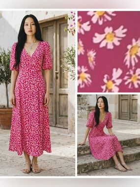 Wayf Dress Daisy Floral pink midi length modest lined  size small